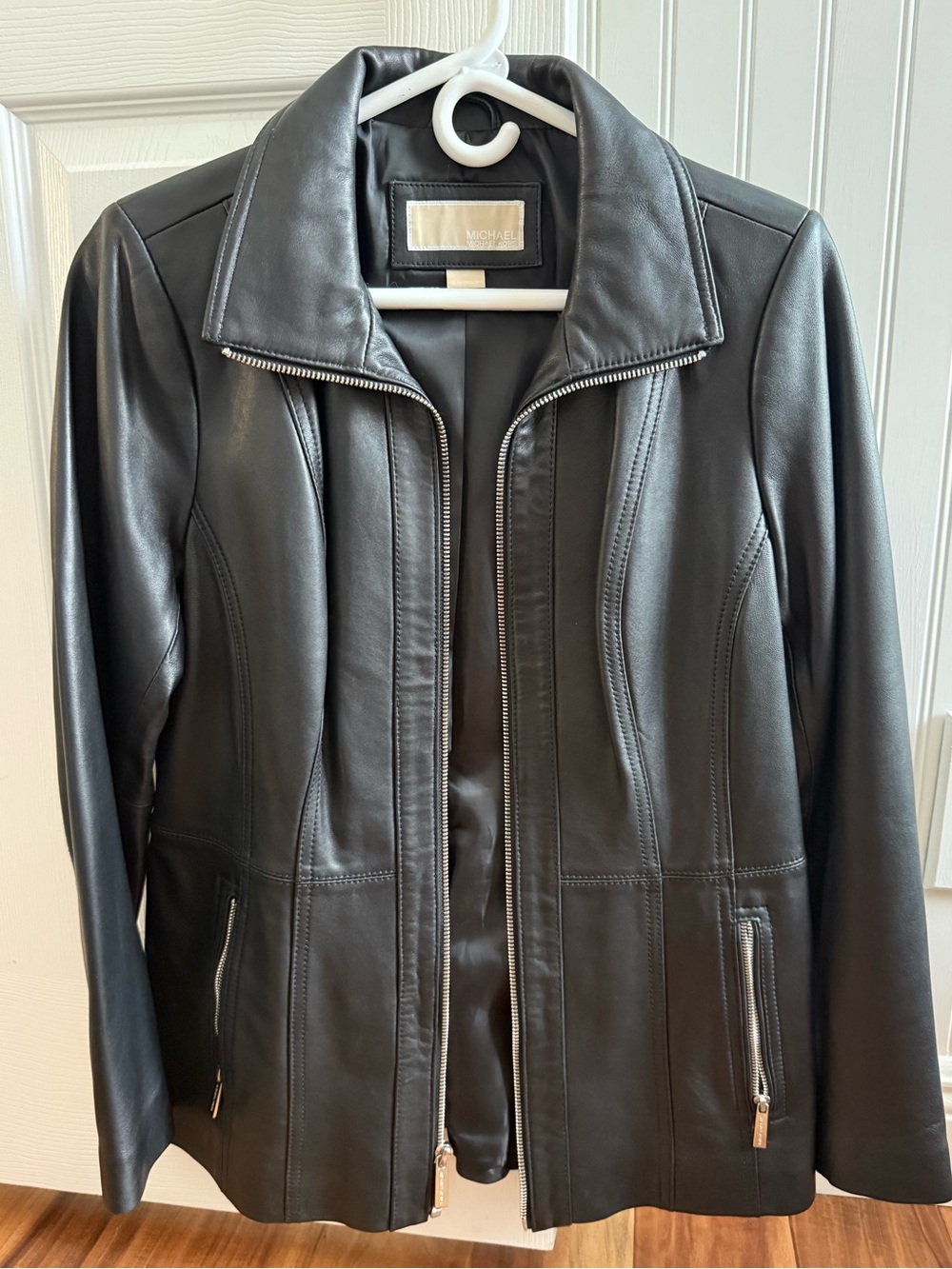 Michael Kors Women's Black Leather Zip Jacket with zip pockets
